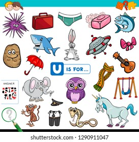 Cartoon Illustration of Finding Picture Starting with Letter U Educational Game Workbook for Children