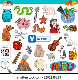 Cartoon Illustration of Finding Picture Starting with Letter V Educational Game Workbook for Children