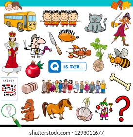 Cartoon Illustration of Finding Picture Starting with Letter Q Educational Game Workbook for Children