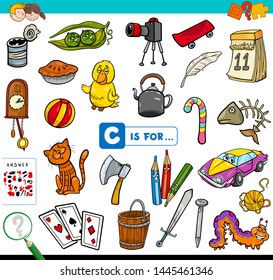 Cartoon Illustration of Finding Picture Starting with Letter C Educational Game Worksheet for Children
