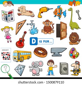 Cartoon Illustration of Finding Picture Starting with Letter D Educational Task Worksheet for Children