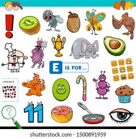 Cartoon Illustration of Finding Picture Starting with Letter E Educational Task Worksheet for Children