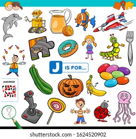 Cartoon Illustration of Finding Picture Starting with Letter J Educational Task Worksheet for Children with Objects and Characters