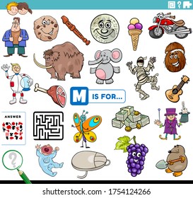 Cartoon Illustration of Finding Picture Starting with Letter M Educational Task Worksheet for Children with Objects and Comic Characters