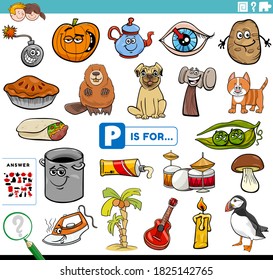 Cartoon Illustration of Finding Picture Starting with Letter P Educational Task Worksheet for Children with Objects and Comic Characters