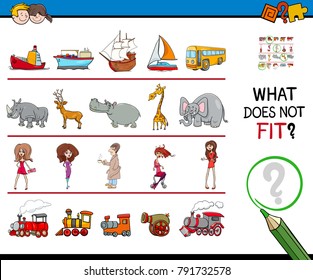 Cartoon Illustration Of Finding Picture That Does Not Fit In A Row Educational Game With People And Animal And Objects