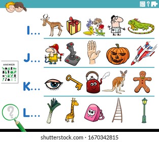 Cartoon Illustration of Finding Pictures Starting with Referred Letter Educational Task Worksheet for Preschool or Elementary School Kids