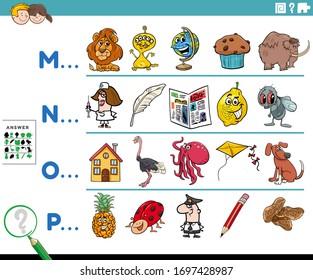 Cartoon Illustration of Finding Pictures Starting with Referred Letter Educational Task Worksheet for Preschool or Elementary School Kids With Funny Characters