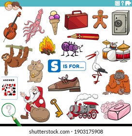 Cartoon illustration of finding pictures starting with letter S educational task worksheet for children with objects and comic characters