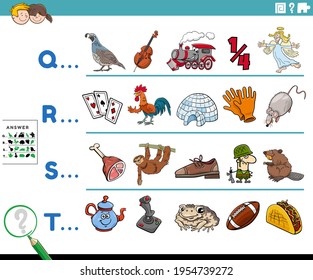 Cartoon illustration of finding pictures starting with referred letter educational task worksheet for preschool or elementary school children with comic characters