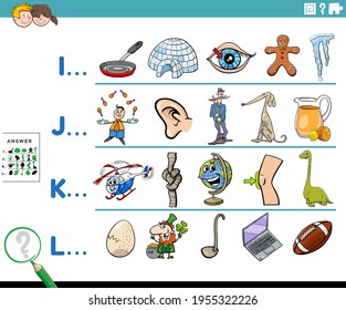 Cartoon illustration of finding pictures starting with referred letter educational task worksheet for preschool or elementary school children with comic characters