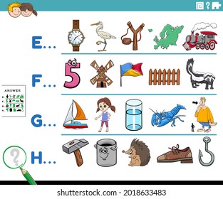 Cartoon illustration of finding pictures starting with referred letter educational game worksheet for preschool or elementary school children with comic characters