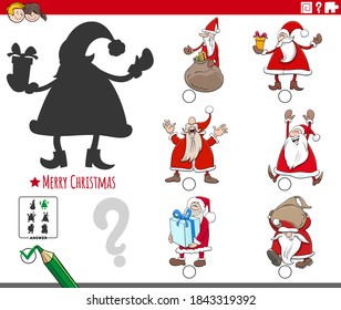 Cartoon illustration of finding the right picture to the shadow educational task for children with Santa Claus characters