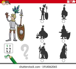 Cartoon illustration of finding the right picture to the shadow educational task for children with knight character