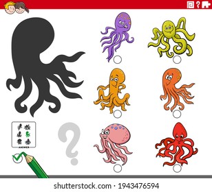 Cartoon illustration of finding the right picture to the shadow educational game for children with octopuses animal characters