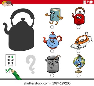Cartoon illustration of finding the right picture to the shadow educational task for children with funny object characters