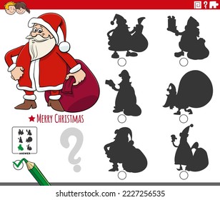 Cartoon illustration of finding the right picture to the shadow educational task for children with Santa Claus with sack of Christmas gifts