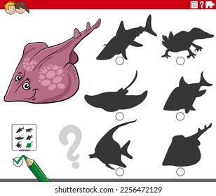 Cartoon illustration of finding the right picture to the shadow educational game for children with xyster fish or guitarfish animal character