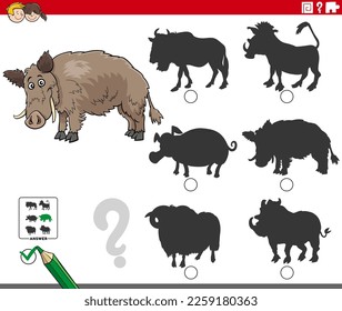 Cartoon illustration of finding the right picture to the shadow educational game with wild boar animal character