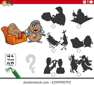 Cartoon illustration of finding the right picture to the shadow educational game with couch potato saying