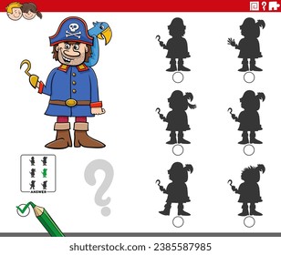 Cartoon illustration of finding the right picture to the shadow educational game with pirate character with parrot