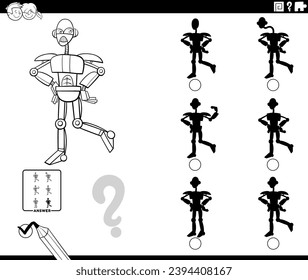 Cartoon illustration of finding the right picture to the shadow educational game with robot character coloring page
