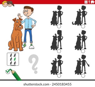 Cartoon illustration of finding the right picture to the shadow educational activity with boy and his dog