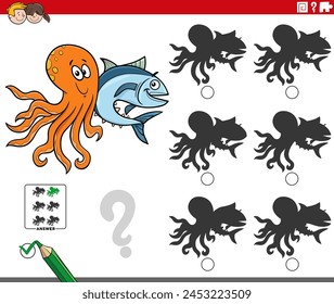 Cartoon illustration of finding the right picture to the shadow educational activity with octopus and tuna fish