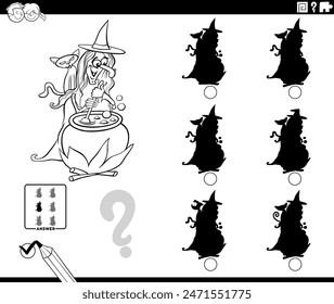 Cartoon illustration of finding the right picture to the shadow educational activity with a witch fantasy character coloring page