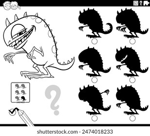 Cartoon illustration of finding the right picture to the shadow educational activity with monster or dragon fantasy character coloring page