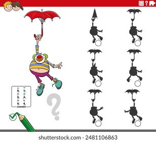Cartoon illustration of finding the right picture to the shadow educational activity with clown character