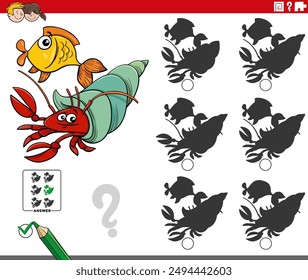 Cartoon illustration of finding the right picture to the shadow educational activity with hermit crab and fish animal characters