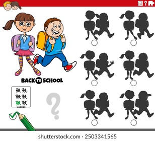 Cartoon illustration of finding the right picture to the shadow educational activity with school children