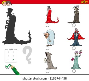 Cartoon Illustration of Finding the Right Shadow Educational Activity for Children with Halloween Spooky Characters