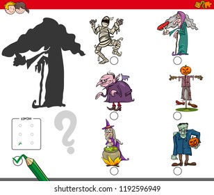 Cartoon Illustration of Finding the Right Shadow Educational Activity for Children with Scary Halloween Characters