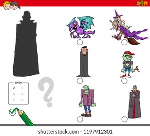 Cartoon Illustration of Finding the Right Shadow Educational Activity for Children with Funny Halloween Characters
