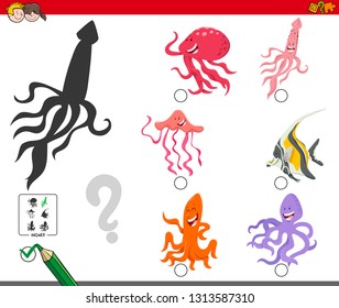 Cartoon Illustration of Finding the Right Shadow Educational Game for Children with Sea Animal Characters