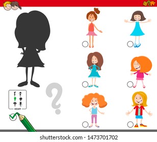 Cartoon Illustration of Finding the Right Shadow Educational Game for Children with Girls Characters