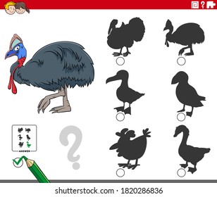 Cartoon Illustration of Finding the Right Shadow to the Picture Educational Game for Children with Cassowary Bird Animal Character