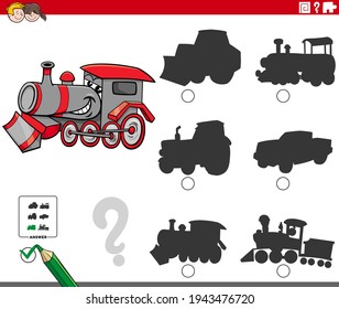 Cartoon illustration of finding the right shadow to the picture educational game for children with locomotive character