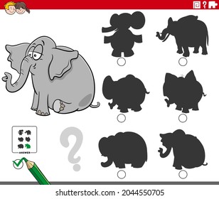 Cartoon illustration of finding the right shadow to the picture educational game for children with cute elephant animal character