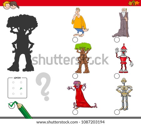 Cartoon Illustration of Finding the Right Shadow Educational Activity for Children with Fantasy Characters