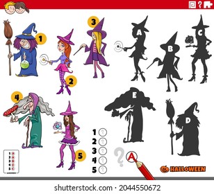 Cartoon illustration of finding the right shadows to the pictures educational game for children with witches Halloween characters