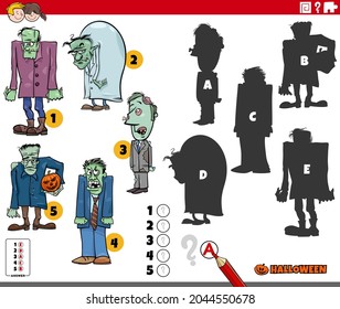 Cartoon illustration of finding the right shadows to the pictures educational game for children with zombies Halloween characters