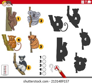 Ilustración de caricatura de encontrar las sombras correctas en las imágenes juego educativo para niños con personajes animales