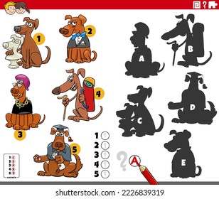 Ilustración de caricatura de encontrar las sombras correctas en las imágenes juego educativo para niños con perros graciosos personajes animales