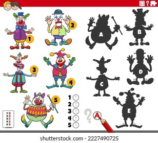Cartoon illustration of finding the right shadows to the pictures educational game for children with clowns characters