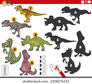 Cartoon illustration of finding the right shadows to the pictures educational game with funny prehistoric dinosaur characters