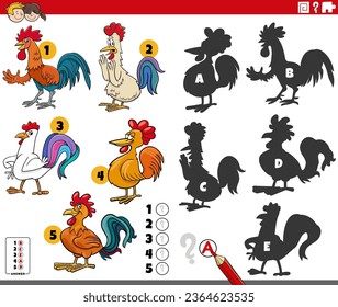 Cartoon illustration of finding the right shadows to the pictures educational game with roosters birds farm animal characters