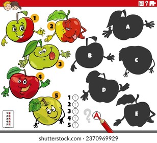 Cartoon illustration of finding the right shadows to the pictures educational game with comic apple characters